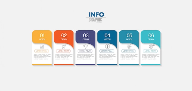 Infografik-Element mit Symbolen und 6 Optionen oder Schritten.