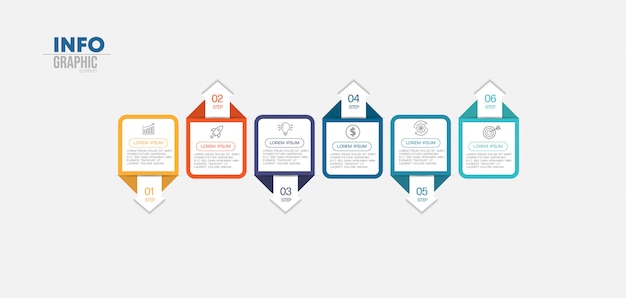 Infografik-Element mit Symbolen und 6 Optionen oder Schritten.