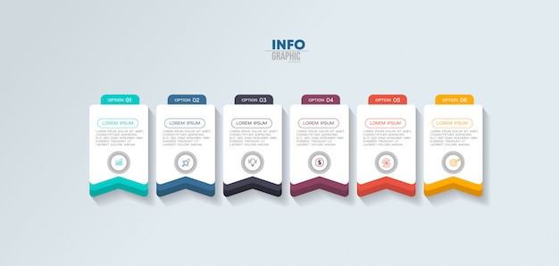 Infografik-Element mit Symbolen und 6 Optionen oder Schritten.