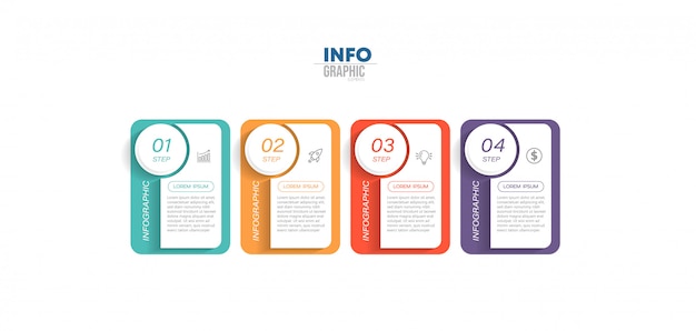 Infografik-element mit symbolen und vier optionen oder schritten. kann für prozess, präsentation, diagramm, workflow-layout, infografik, webdesign verwendet werden.