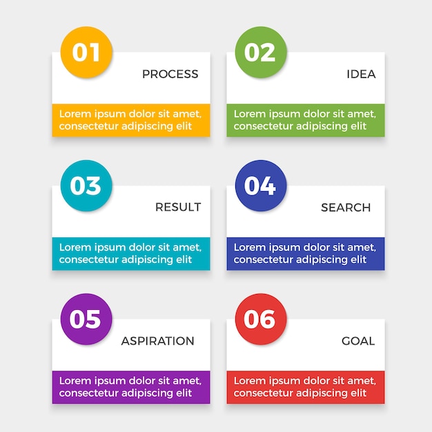Infografik-Elemente mit Schritten Prozess, Idee und Ergebnis, Suchziel