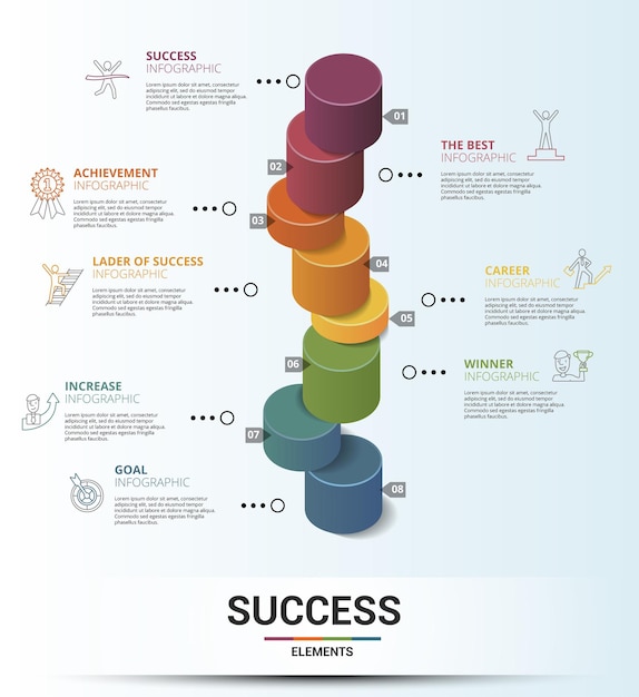 Infografik-erfolgsvorlagensymbole in verschiedenen farben