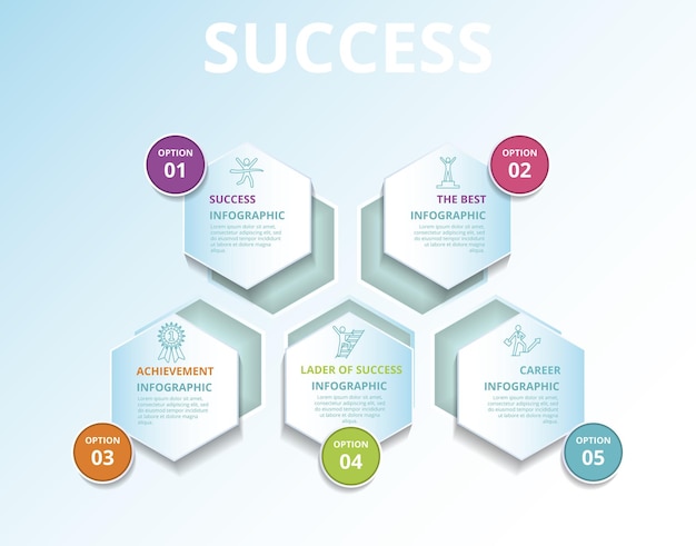 Infografik-erfolgsvorlagensymbole in verschiedenen farben
