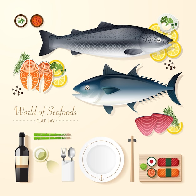 Infografik food business seafood flat lay idee fishtunasalmonsushi vector illustration kann für layout-werbung und webdesign verwendet werden