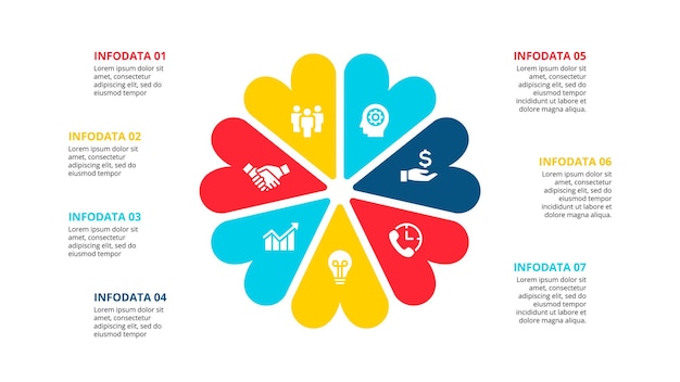 Vektor infografik-konzept mit 7 optionen, teilen, schritten oder prozessen