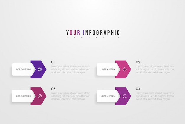 Infografik-Konzeptdesign mit vier Optionen, Schritten oder Prozessen. Kann für Workflow-Layout, Jahresbericht, Flussdiagramme, Diagramme, Präsentationen, Websites, Banner und Drucksachen verwendet werden.