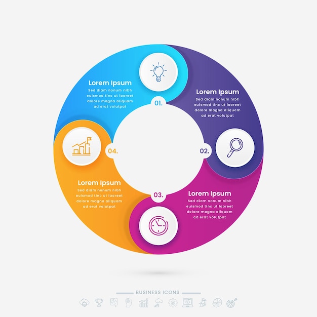 Infografik-Kreisdiagramm mit Geschäftssymbolen und 4 Optionen kann als Workflow-Präsentation verwendet werden