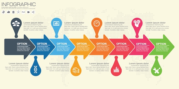 Infografik mit zeitleiste und pfeil mit symbol und optionen.