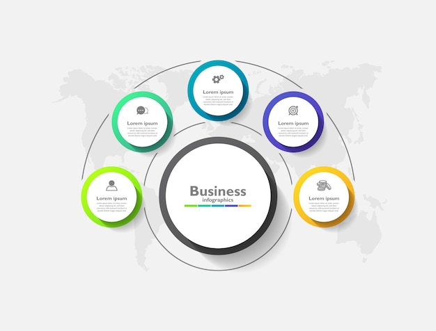 Infografik-schablonenkreis des präsentationsgeschäfts bunt mit schritt fünf