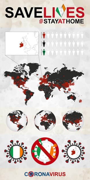 Vektor infografik über coronavirus in irland stay at home save lives ireland flag and map weltkarte mit covid19-fällen