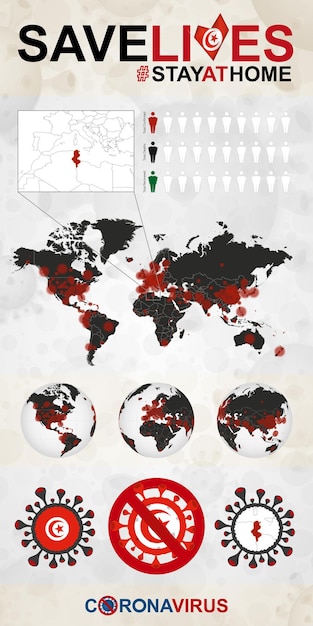 Vektor infografik über coronavirus in tunesien stay at home save lives tunesien-flagge und karte weltkarte mit covid19-fällen