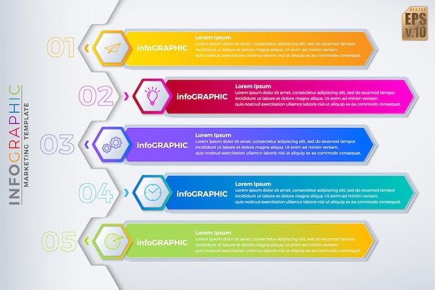 Infografik vector business design hexagon symbole bunte vorlage 5 optionen oder schritte isoliert minimaler stil sie können für marketing-prozess-workflow-präsentationen layout-flussdiagramm-druckanzeige verwendet werden