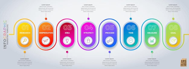 Infografik-vektorgeschäft rundes eckfarbendesign und kreissymbole 8 optionen, die in minimalem stil isoliert sind sie können für marketingprozess-workflow-präsentationen layout-flussdiagramm-druckanzeige verwendet werden