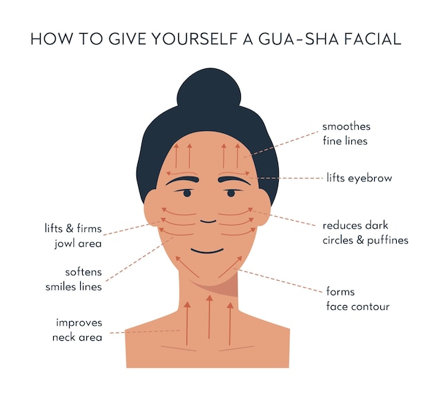 Vektor infografik von gua sha scraper facial yoga massagerichtung für jade roller akupunktur anti-aging traditionelle chinesische medizin selbstpflegemethode flache vektorgrafik auf weißem hintergrund