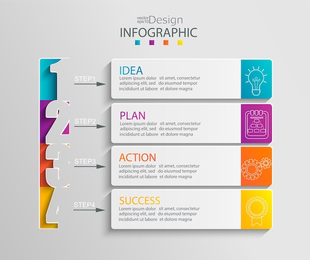 Infografik-vorlage aus papier mit 4 optionen für die präsentation und datenvisualisierung. geschäftsprozessdiagramm. diagramm mit vier schritten zum erfolg. für inhalt, flussdiagramm, workflow. vektor-illustration.