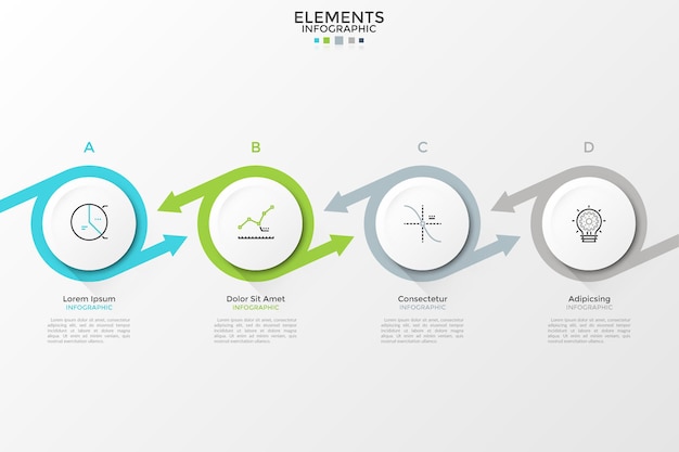 Infografik-vorlage des vektors mit weißen kreisen und bunten pfeilen. kann für präsentationsbanner, workflow-layout, prozessdiagramm, flussdiagramm, infografik, zeitleiste oder website verwendet werden