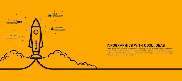 Infografik-vorlage einer rakete oder eines raumschiffs, die durch die wolken startet, gefolgt von einem 4-stufen-symbol und text. erfolgreiche startup-geschäftsideen verwenden sie es für webdesign und workflow-layouts.