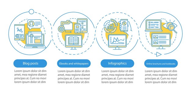 Infografik-Vorlage für Content-Marketing-Kanäle. Gestaltungselemente für Geschäftspräsentationen. Datenvisualisierung mit vier Schritten und Optionen. Diagramm der Prozesszeitleiste. Workflow-Layout mit linearen Symbolen