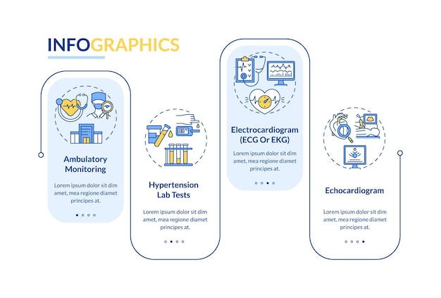 Infografik-vorlage für die diagnose von bluthochdruck. labortests präsentation skizzieren designelemente. datenvisualisierung mit 4 schritten. info-diagramm zur prozesszeitachse. workflow-layout mit liniensymbolen