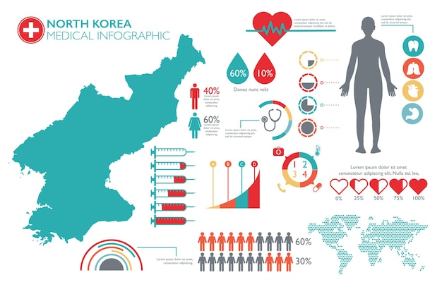 Infografik-vorlage für die medizinische versorgung nordkoreas mit karte und mehreren diagrammen