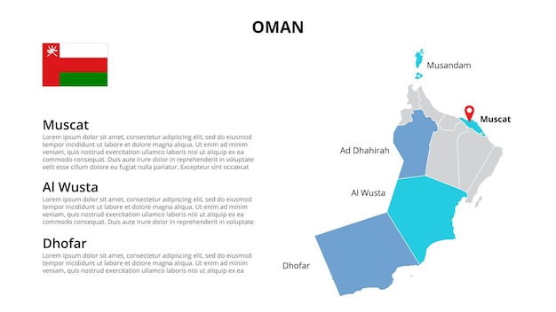 Infografik-vorlage für oman-vektorkarten, unterteilt nach bundesstaaten, regionen oder provinzen folienpräsentation