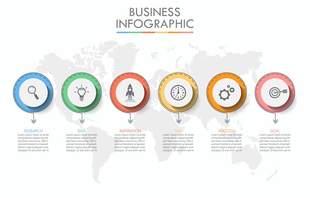 Infografik-vorlage für präsentationsgeschäft mit 6 optionen.