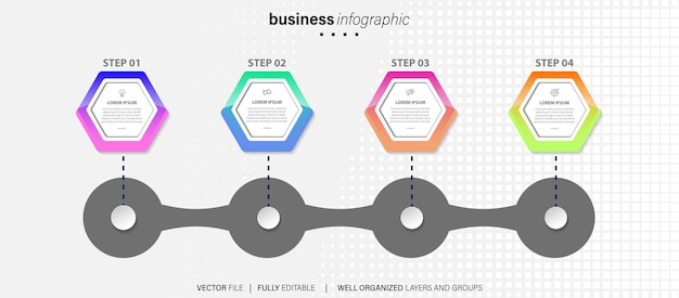 Infografik-vorlage für unternehmen 4 schritte modernes zeitleistendiagramm mit präsentation des road-journey-konzepts