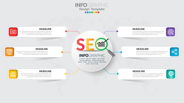 Infografik-vorlage mit 6-elementen-workflow-prozessdiagramm.