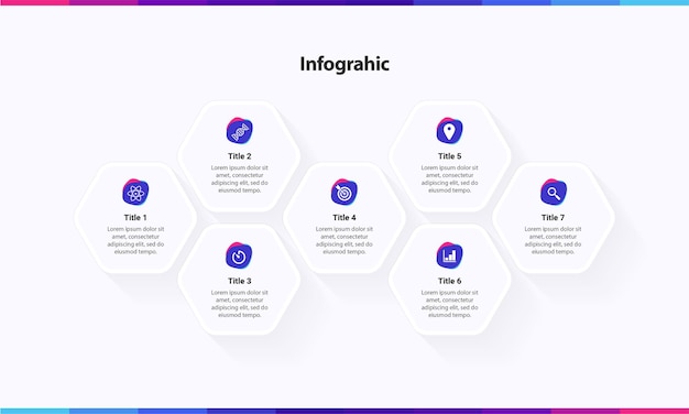 Infografik-vorlage mit 7-schritt-optionsdiensten mit sechseck
