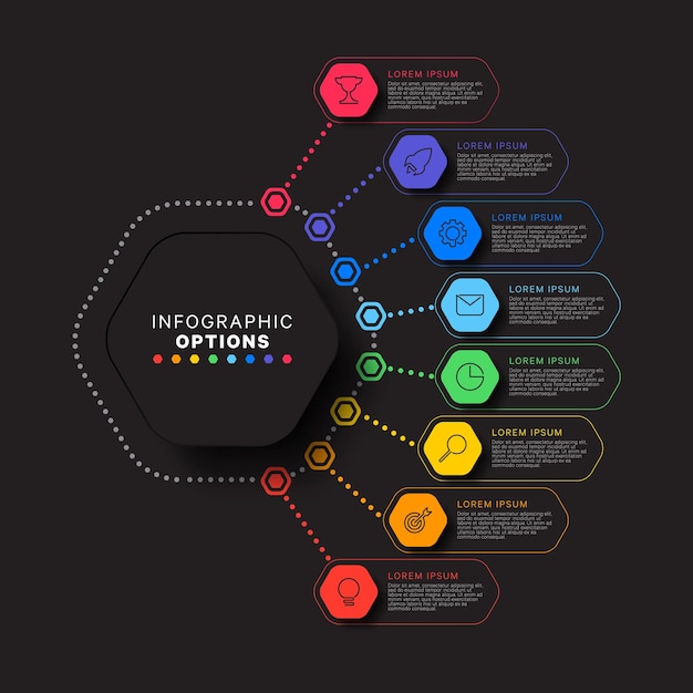 Infografik-vorlage mit acht sechseckigen elementen auf schwarzem hintergrund