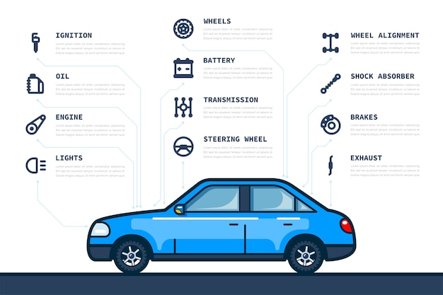 Infografik-vorlage mit auto- und autoteilesymbolen