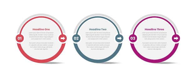 Infografik-Vorlage mit drei Geschäftsschritten in abstrakter ovaler Form mit Schlagschatten