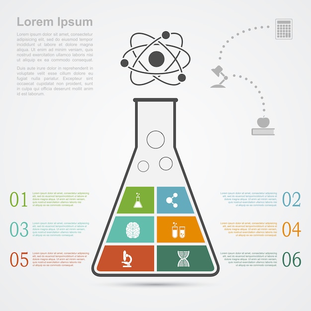 Infografik vorlage mit kolben silhouette und ikonen, wissenschaft, forschung, entwicklungskonzept