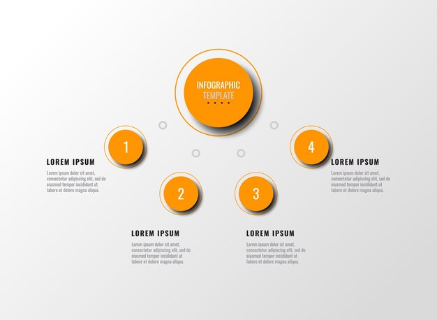 Infografik-vorlage mit orangefarbenen vier runden elementen auf weißem hintergrund