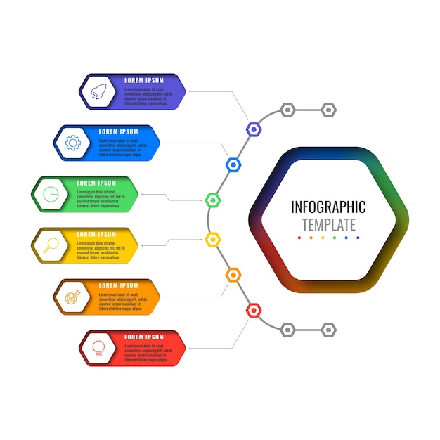 Infografik-vorlage mit sechs optionen für das designlayout mit sechseckigen elementen. geschäftsprozessdiagramm für broschüre, banner, geschäftsbericht und präsentation