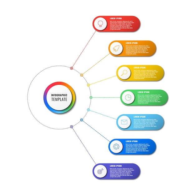 Infografik-vorlage mit sieben runden elementen auf weißem hintergrund moderner geschäftsprozess