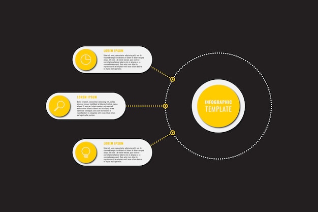 Infografik-vorlage mit sieben runden roten elementsymbolen und text auf schwarzem hintergrund