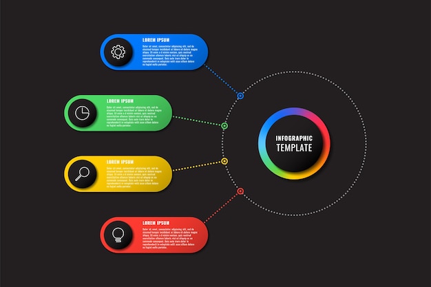 Infografik-vorlage mit vier mehrfarbigen runden elementen auf schwarzem hintergrund