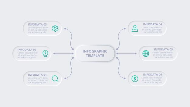 Infografik zum neumorphen flussdiagramm kreatives konzept für infografik mit 6 schritten, optionen, teilen oder prozessen