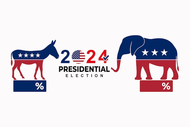 Infografik zur amerikanischen präsidentschaftswahl 2024, abstimmungsergebnisse, verhältnis demokraten vs. republikaner, umfrage lädt symbol, partymaskottchen, elefanten, esel, vektorillustration