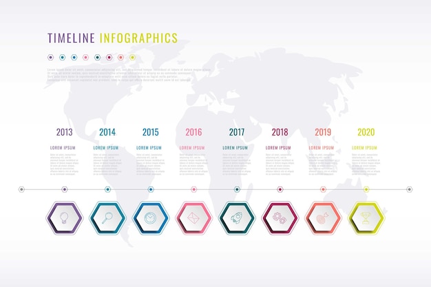Infografik zur Firmengeschichte mit sechseckigen Elementen, Jahresangabe und Weltkarte im Hintergrund