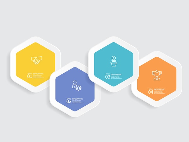 Vektor infografik zur zeitleiste mit sechseckigen horizontalen schritten