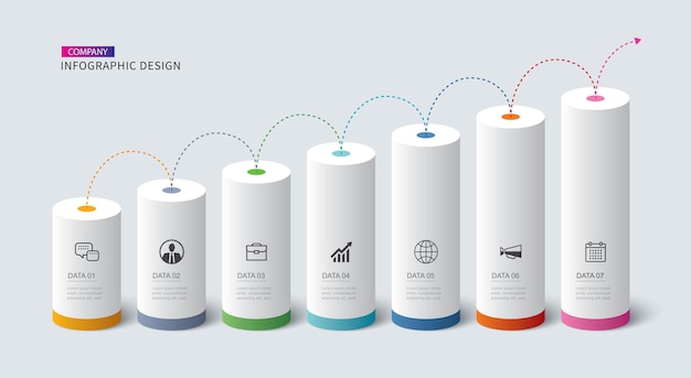 Infografik-Zylinder-Zeitachse mit 7-stelliger Datenvorlage Abstrakter Hintergrund der Vektorillustration