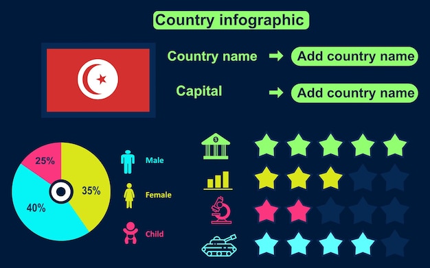 Infografiken des landes tunesien auf dunklem hintergrund