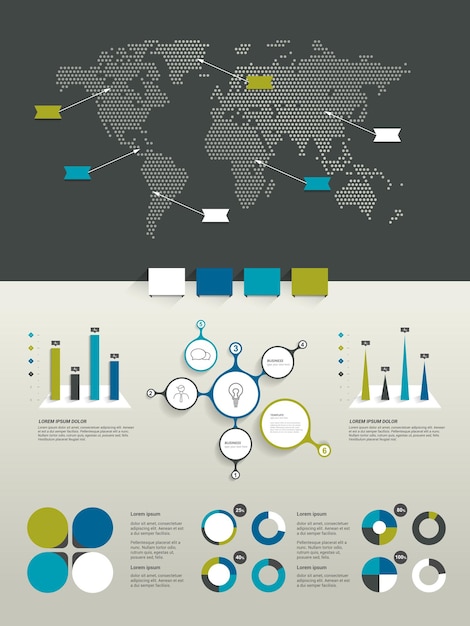 Vektor infografiken festgelegt. weltkarte und markenelemente.