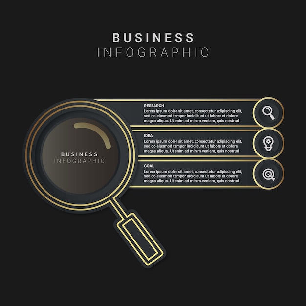 Infografiken in form einer flachen lupe kreisdiagrammdiagramm mit 3 schritten