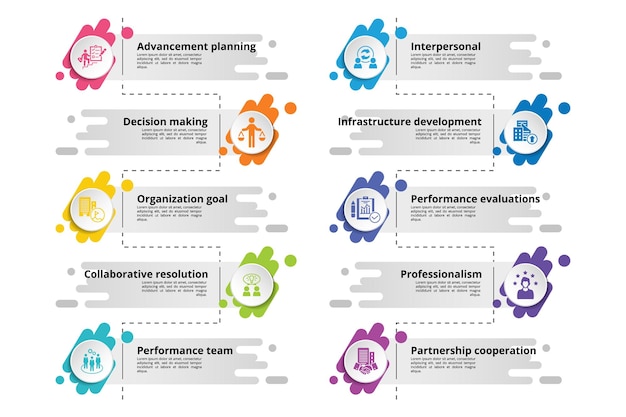 Infografiken mit Ikonen für die Schritte der Unternehmensentwicklung