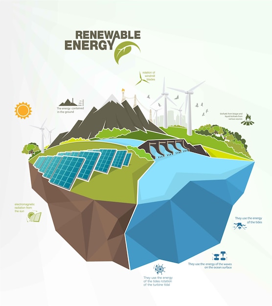 Infografiken zu erneuerbaren energien mit elementen des wassers von sonne, wind und erde.