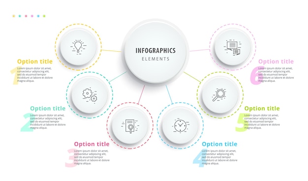 Infografiken zu geschäftsprozessdiagrammen mit 6-schritt-segmenten rundschreiben-infografik zur unternehmenszeitleiste elem