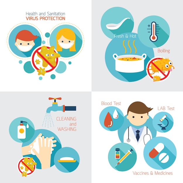 Infografiken zu gesundheit und hygiene, sauberkeit, prävention ansteckender krankheiten und sicherheit